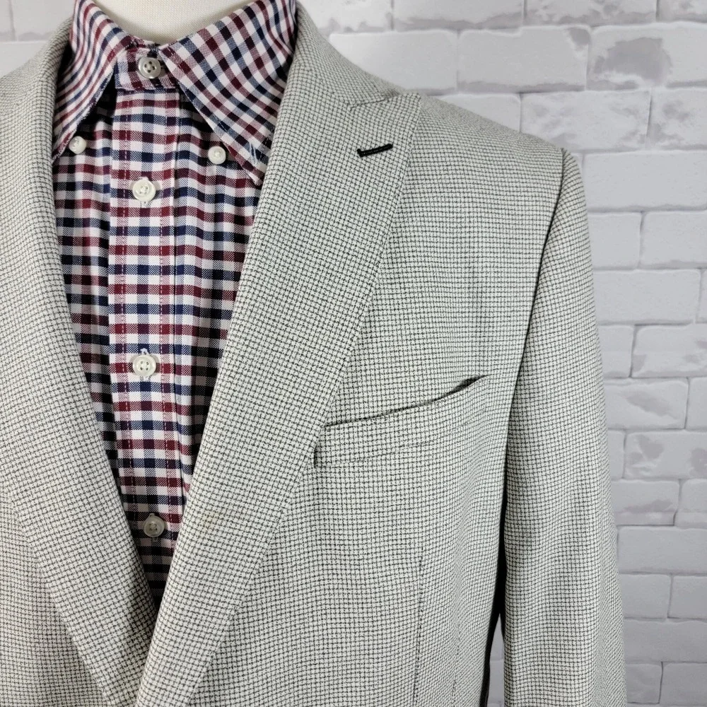 Maceoo Men's Blazer Bethoven Grid White‎ Two Button Checked Poly Blend Size 48L